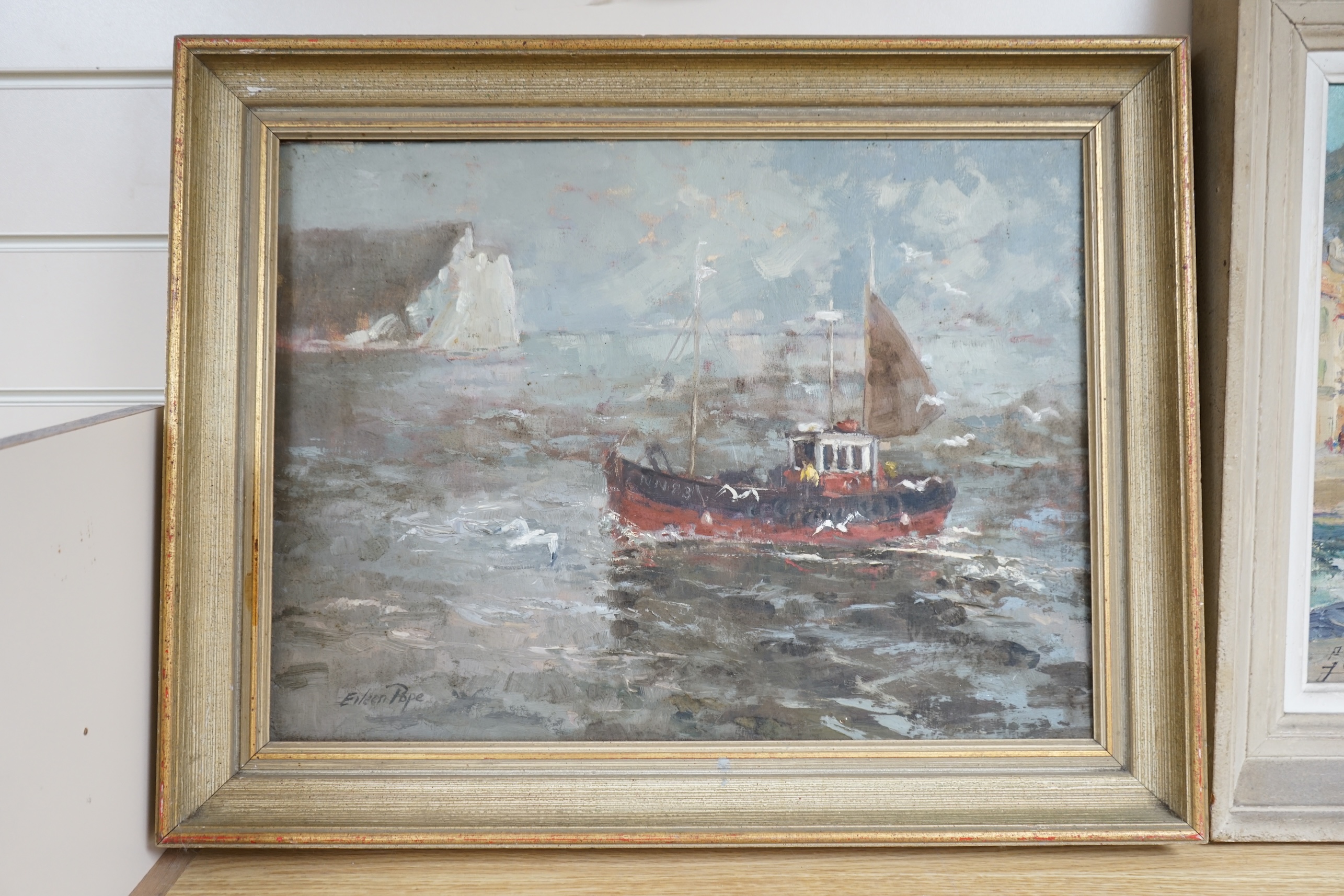 Eileen Pope, Impressionist oil on board, Newhaven, East Sussex, Fishing boat, signed, 36 x 49cm. Condition - fair to good
